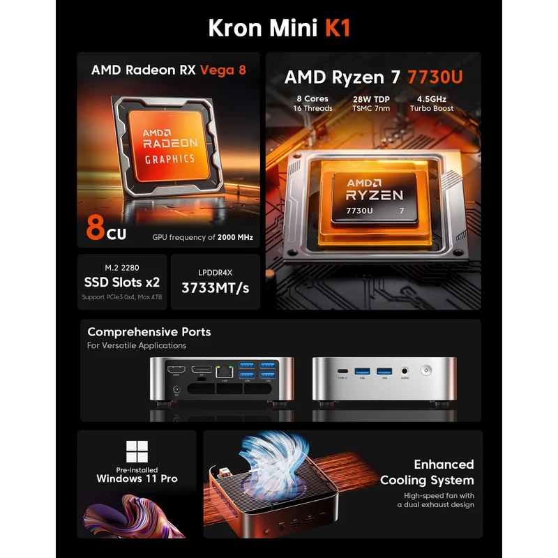 Mini PC Acemagic K1 16 GB RAM 512 GB SSD, con Ryzen 7 7730U y Windows 11 PRO