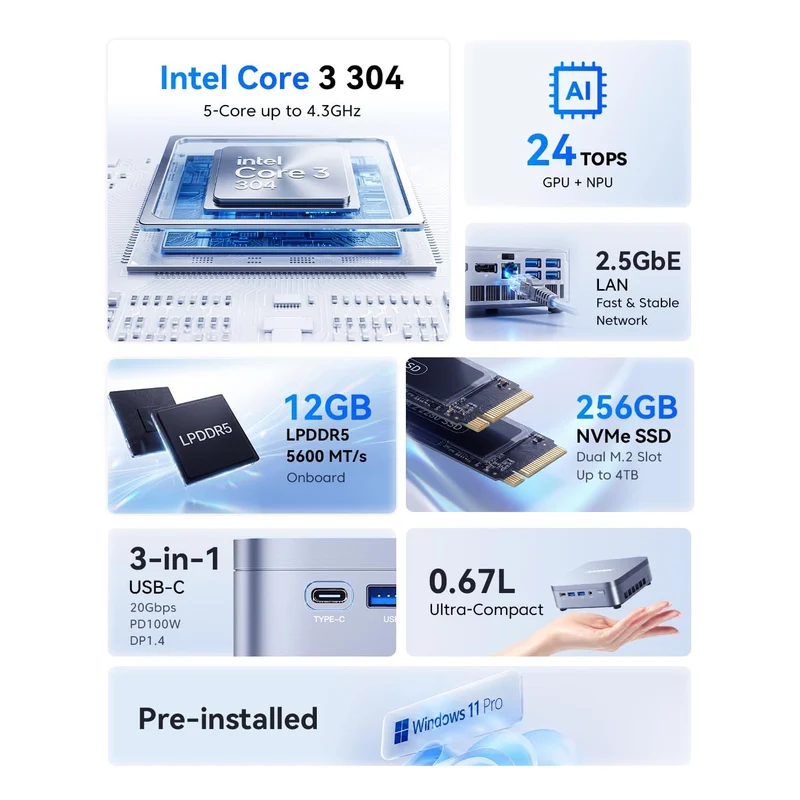 Mini PC Acemagic K5 12 GB RAM 512 GB SSD, con Intel Core 3 304 y Windows 11 Pro
