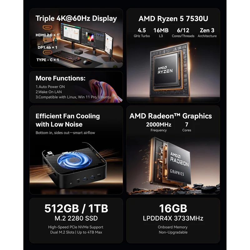 Mini PC Acemagic K1 16 GB RAM 512 GB SSD, con AMD Ryzen 5 7530U y Windows 11 Pro