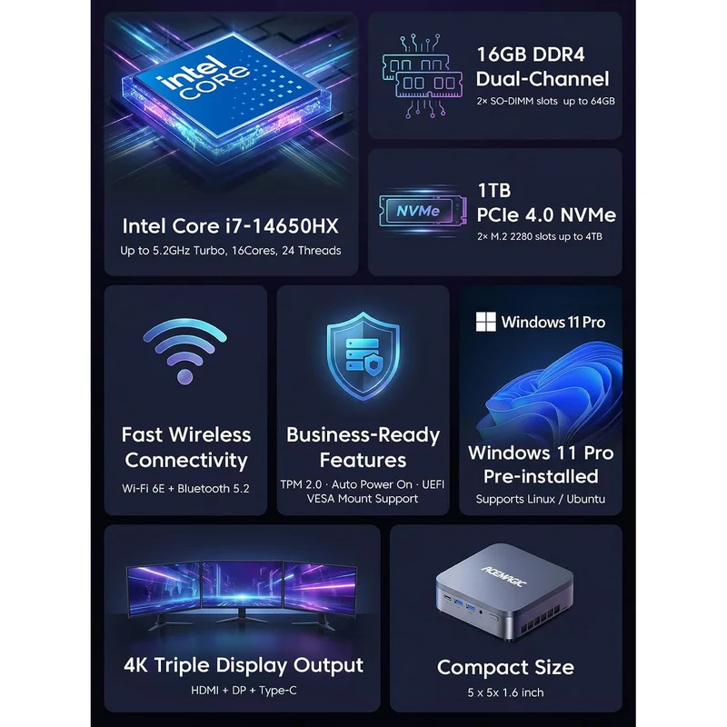 Mini PC Acemagic M5 16 GB RAM 1 TB SSD, con Intel Core i7-14650HX y Windows 11 Pro