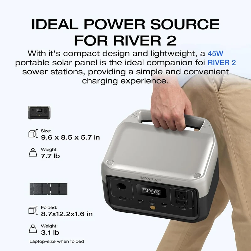 Estación de Energía Portátil EcoFlow RIVER 2, 256 Wh, 600 W, con Panel Solar de 45 W