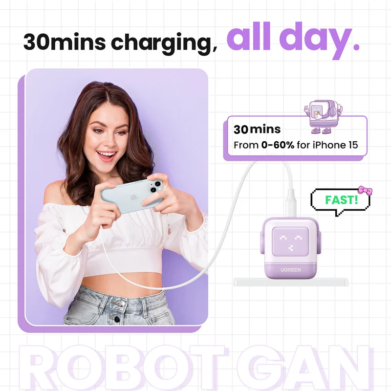 Cargador UGREEN Uno 30W USB-C con Pantalla LED Morado