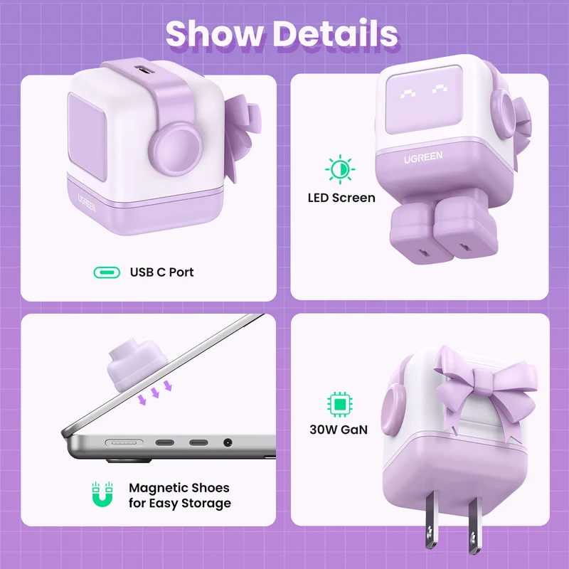 Cargador UGREEN Uno 30W USB-C con Pantalla LED Morado