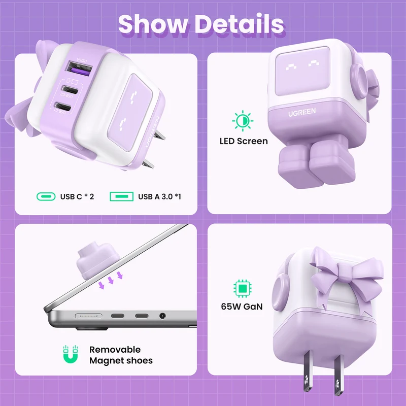 Cargador UGREEN Uno 65W 3 Puertos con Pantalla LED Morado