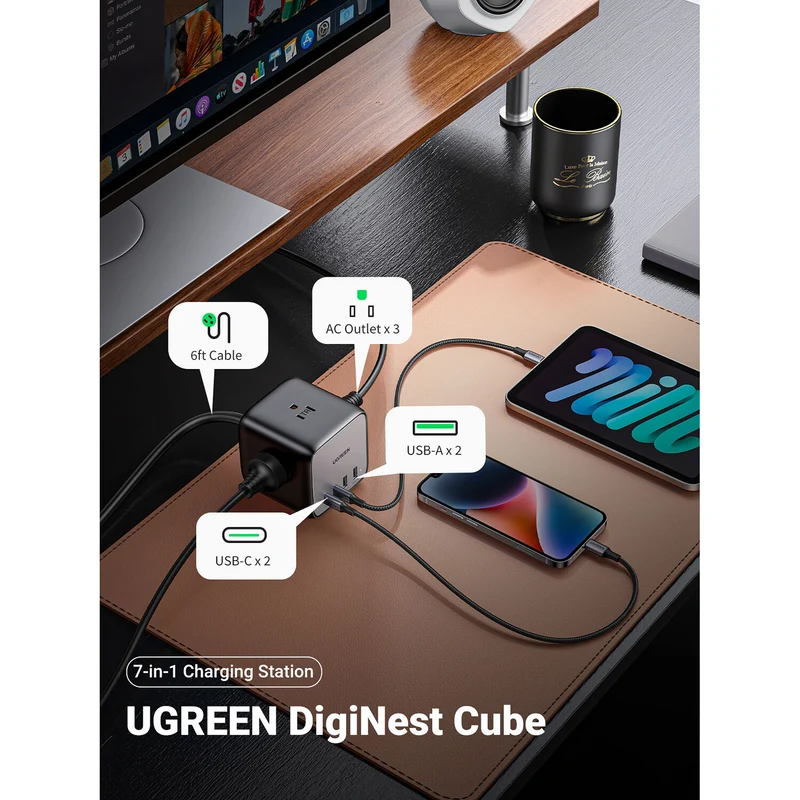 Cargador UGREEN 65W GaN 7 en 1 Cubo con 3 Tomacorrientes y 4 USB