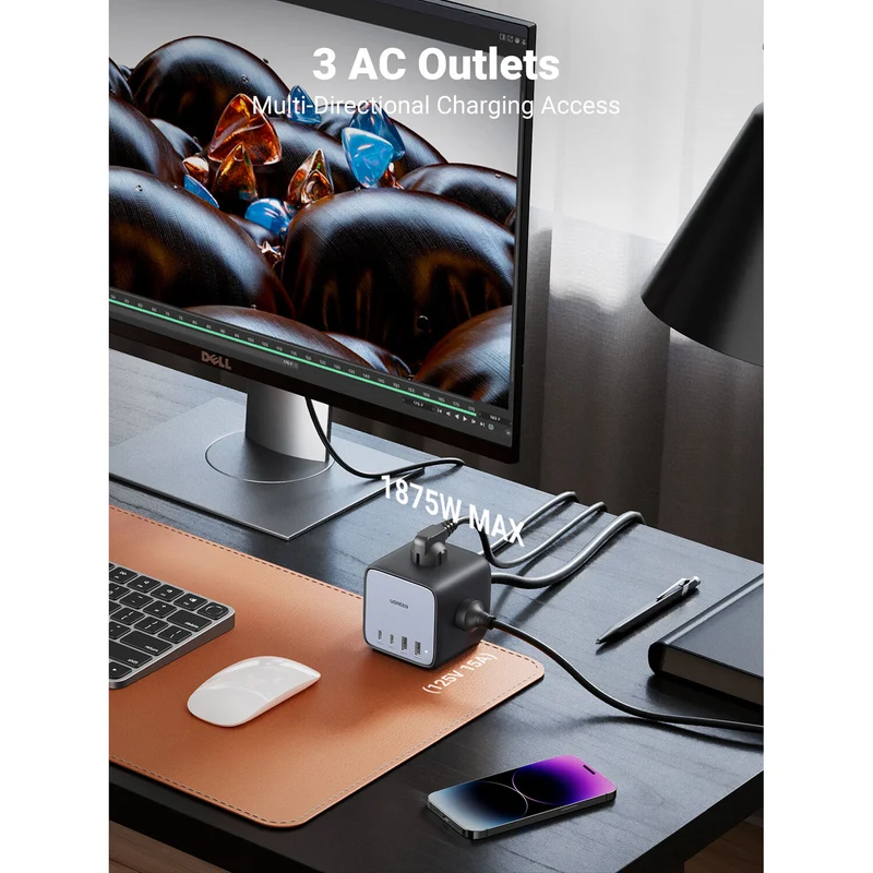Cargador UGREEN 65W GaN 7 en 1 Cubo con 3 Tomacorrientes y 4 USB