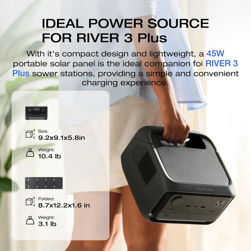Estación de Energía Portátil EcoFlow RIVER 3 Plus, 286 Wh, 600 W, con Panel Solar de 45 W