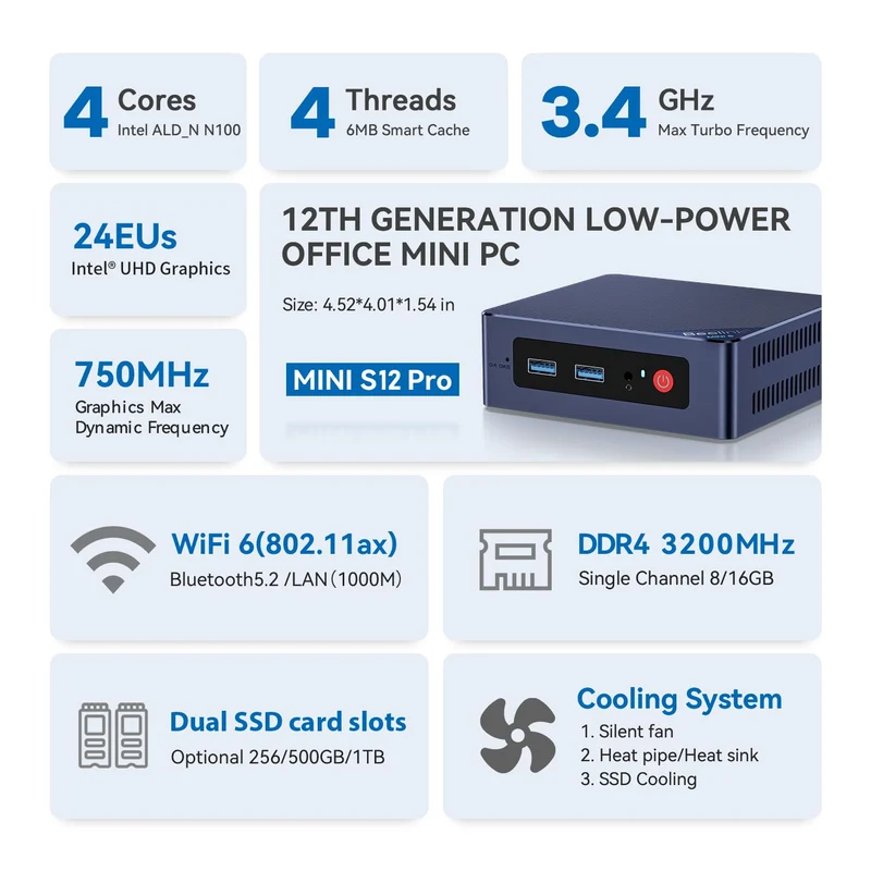 Mini PC Beelink S12 16 GB RAM 500 GB SSD, con Intel N100