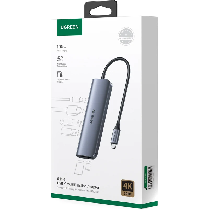 Hub USB UGREEN 6 en 1 USB-C con HDMI 4K y Lector SD/microSD