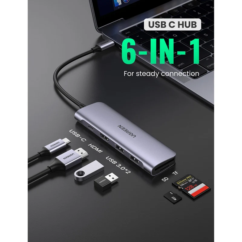Hub USB UGREEN 6 en 1 USB-C con HDMI 4K y Lector SD/microSD