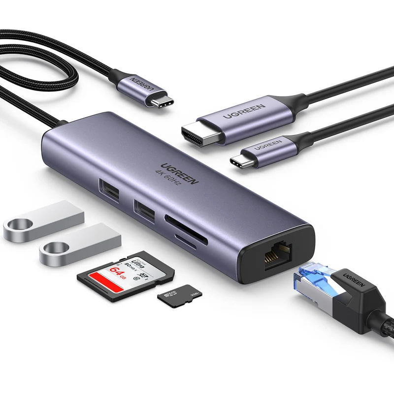 Hub USB UGREEN 7 en 1 USB-C con HDMI 4K, Ethernet y Lector SD