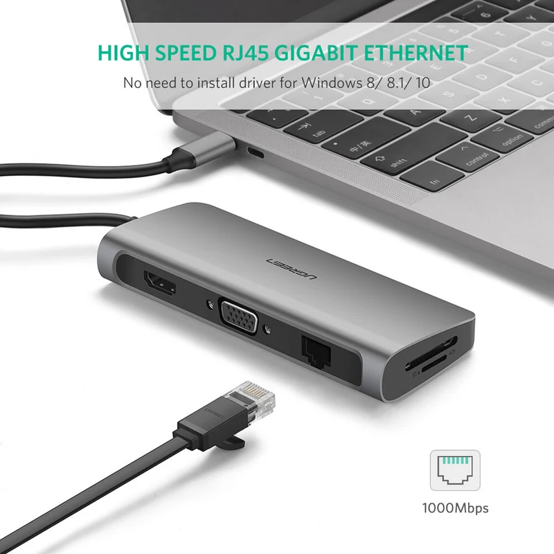 Hub USB UGREEN 9 en 1 USB-C con HDMI, VGA, Ethernet y Lector SD