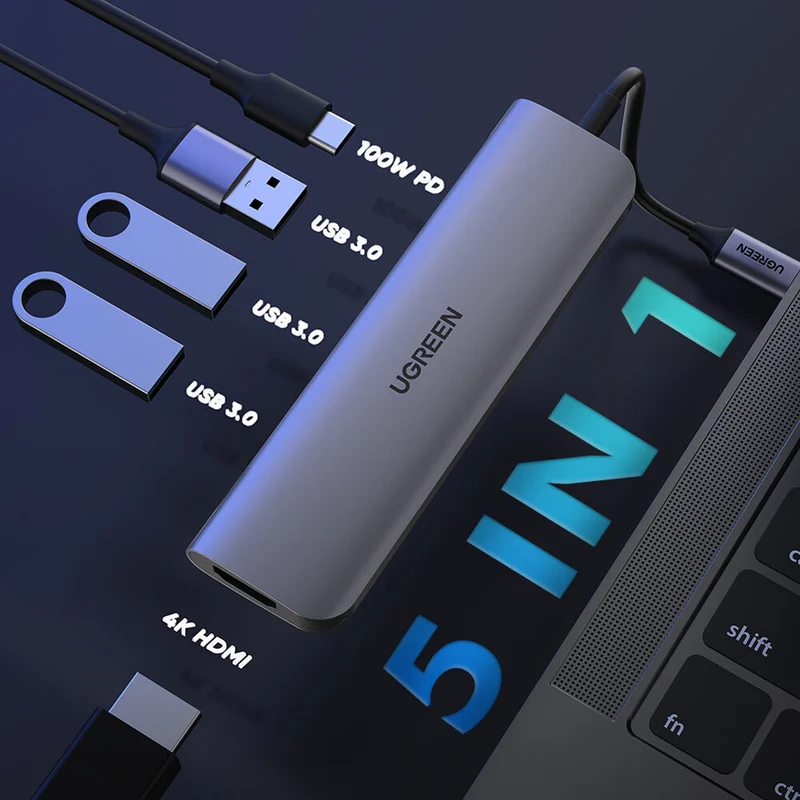 Hub USB UGREEN USB-C a HDMI con 3 Puertos USB-A y Carga 100W