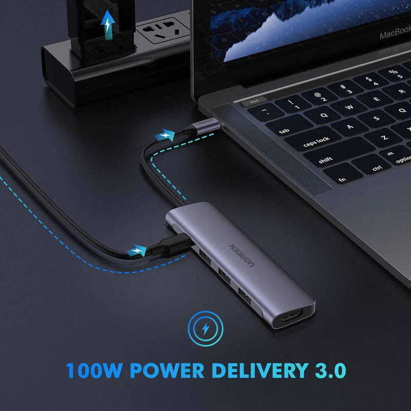 Hub USB UGREEN USB-C a HDMI con 3 Puertos USB-A y Carga 100W