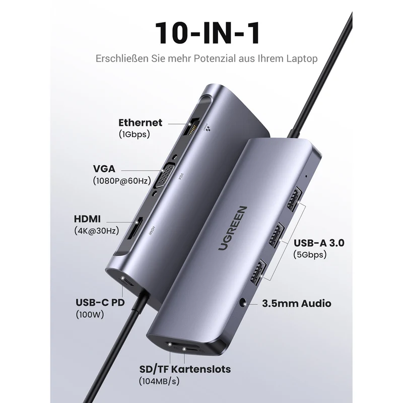 Hub USB UGREEN 10 en 1 USB-C con HDMI 4K, VGA, Ethernet y Lector SD