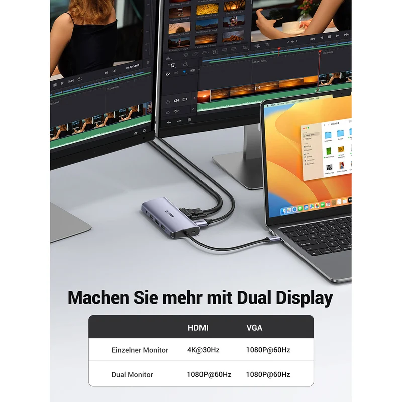 Hub USB UGREEN 10 en 1 USB-C con HDMI 4K, VGA, Ethernet y Lector SD