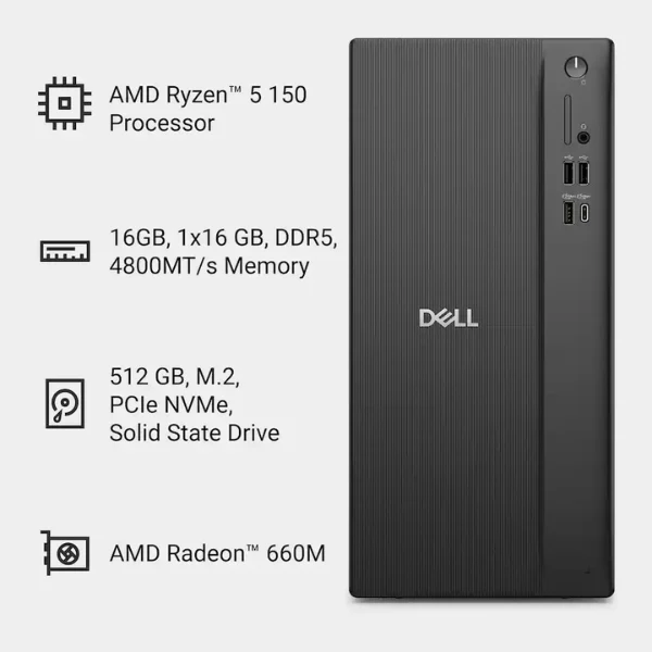 Computador Dell DT1265 AMD Ryzen 5 150 (4.55 GHz) - 16 GB DDR5 - 512 GB NVMe M.2 - AMD Radeon 660M - 180 W - Win 11 Home - Black