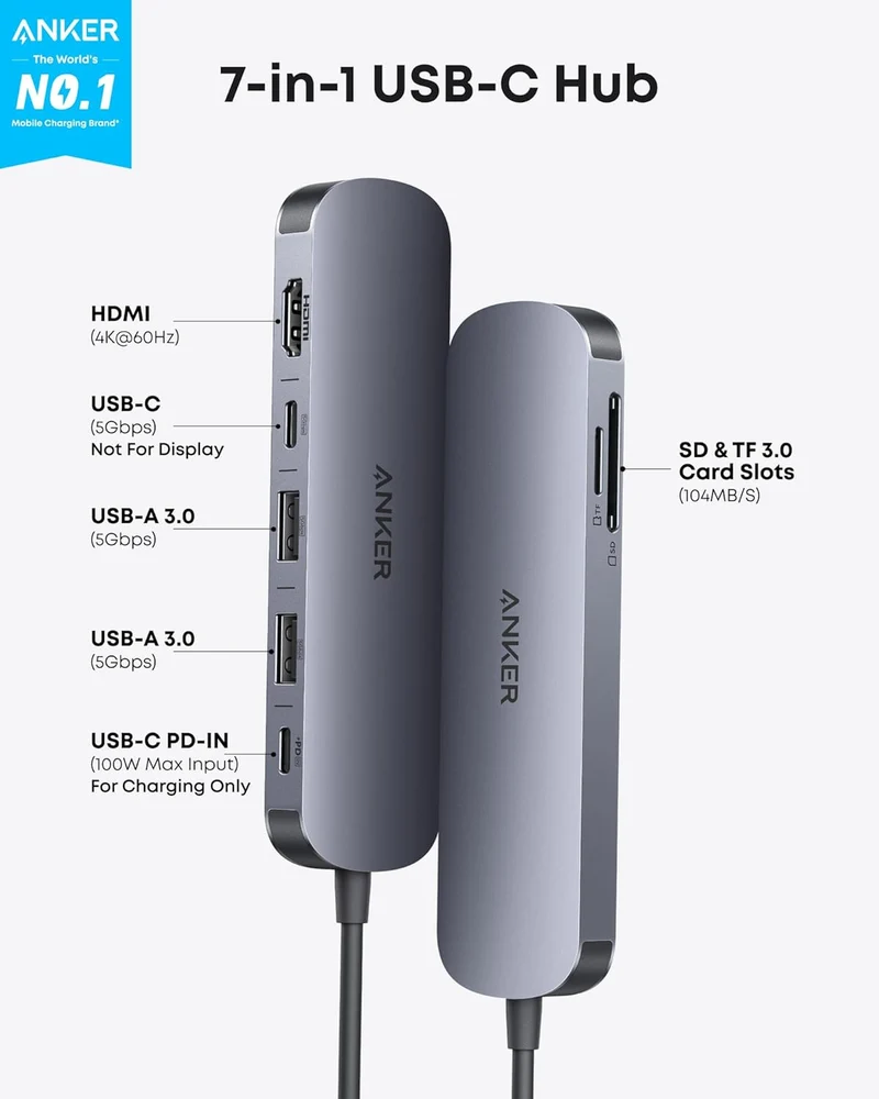 Hub USB Anker Nano 7 en 1 USB-C con HDMI 4K y PD 100W