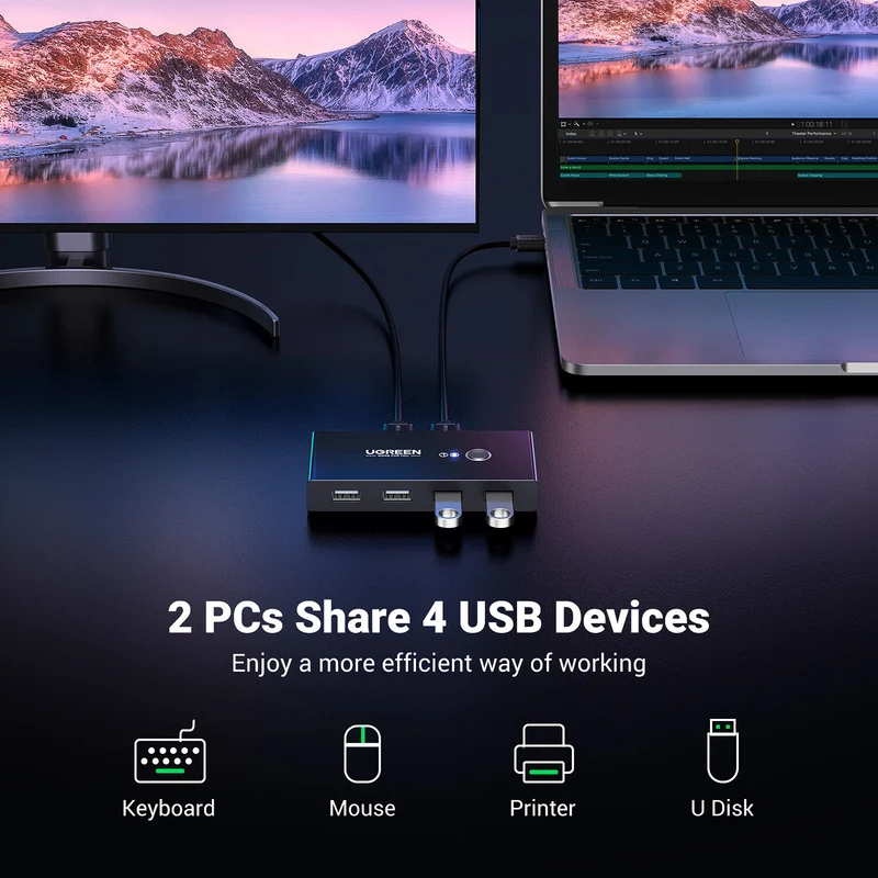 Switch USB UGreen USB 2.0 Selector 2 PC comparten 4 Dispositivos