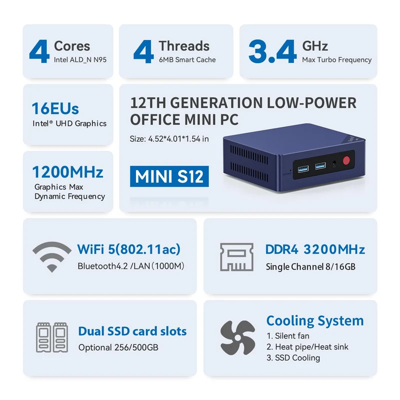 Mini PC Beelink S12 8 GB RAM 480 GB SSD, con Intel N95