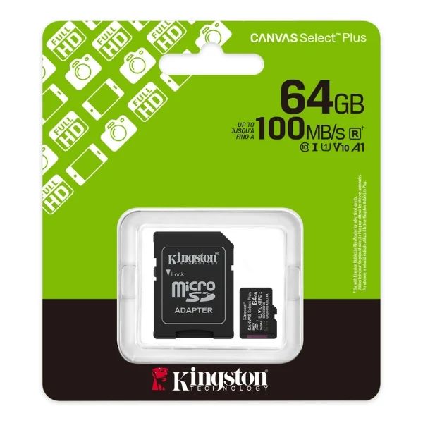 Memoria Micro SD Kingston 64GB Canvas Select Plus - Clase 10 - UHS-I - A1 - SDCS3/64GB-TW