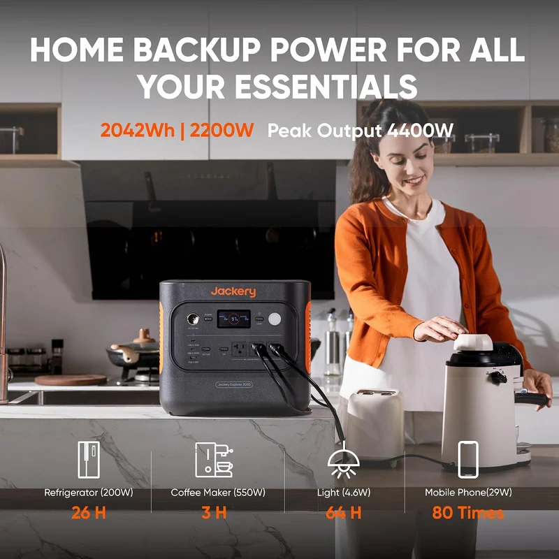 Estación de Energía Portátil Jackery Explorer 2000 v2, 2042 Wh, 2200 W, con 2 Paneles Solares de 200 W, Negro