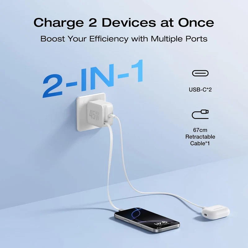 Cargador EcoFlow 45W USB C con Cable Retráctil