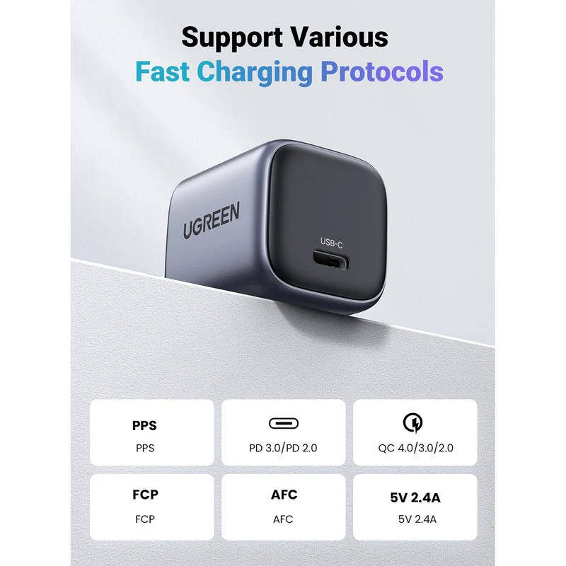 Cargador UGreen USB-C GaN 30W Carga Rápida Negro