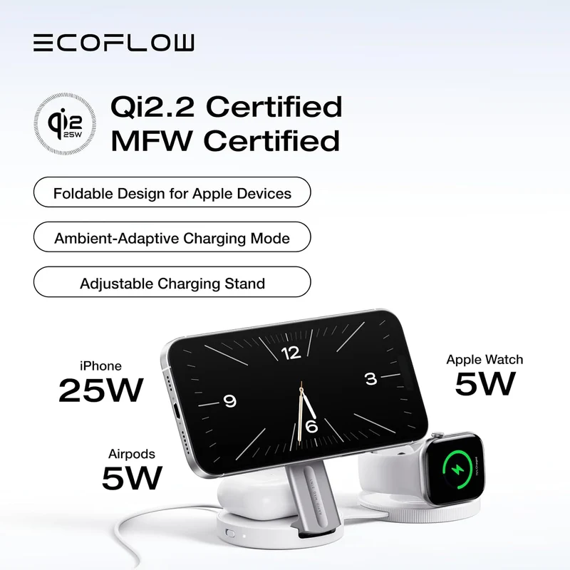 Cargador EcoFlow Rapid Mag 3-in-1 Magnético Inalámbrica Base de Carga, 25 W