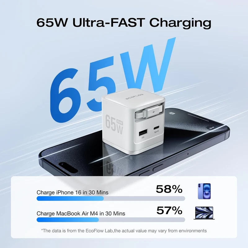 Cargador EcoFlow 65W USB C con Cable Retráctil