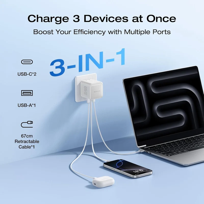 Cargador EcoFlow 65W USB C con Cable Retráctil