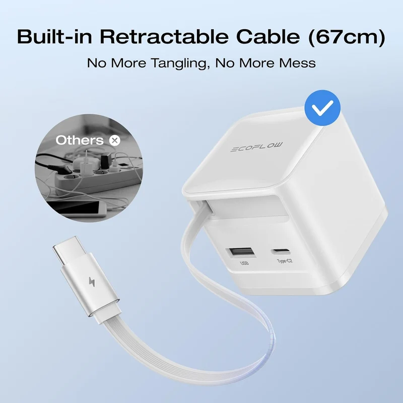 Cargador EcoFlow 65W USB C con Cable Retráctil
