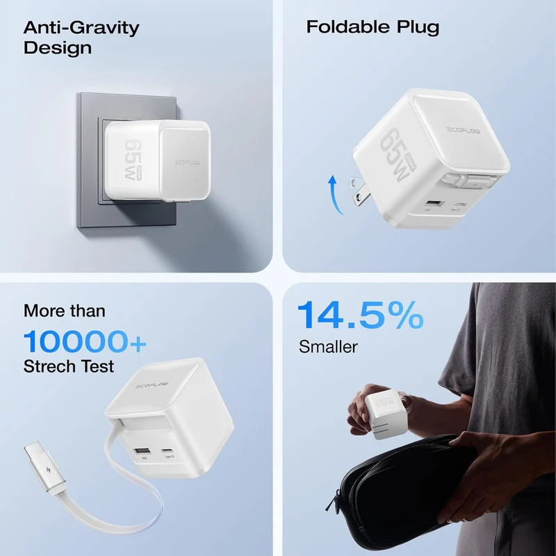 Cargador EcoFlow 65W USB C con Cable Retráctil