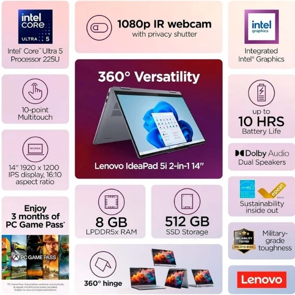 Laptop Lenovo IdeaPad 5i 2 en 1 83KR0047US Intel Core Ultra 5 225U - 8GB RAM - 512GB SSD M.2 NVMe - 14" WUXGA Touchscreen - Intel Graphics - Luna Gray