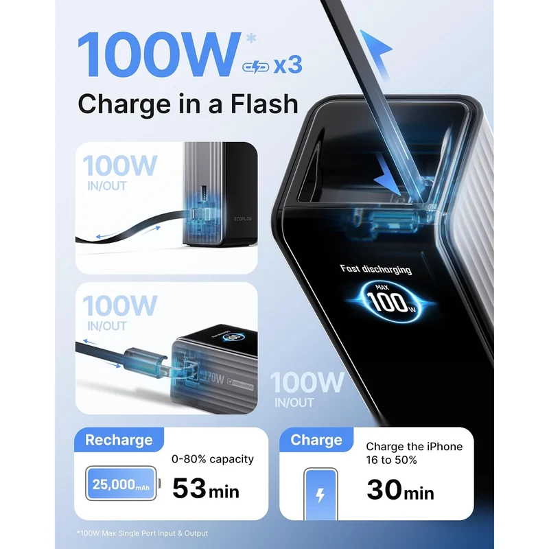 Power Bank EcoFlow RAPID, 25000 mAh, Carga 100 W, Silver