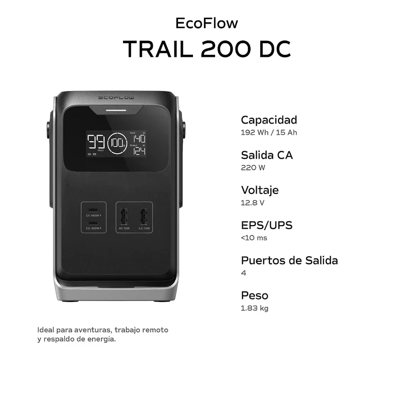 Power Bank EcoFlow TRAIL, Carga 220 W, Negro y Gris