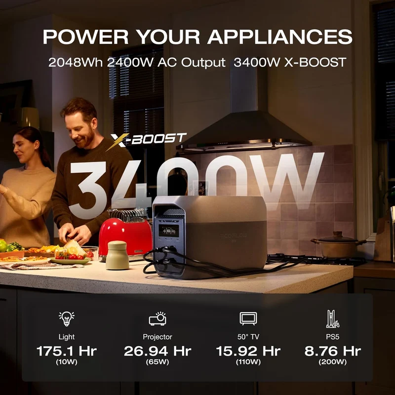 Estación de Energía Portátil EcoFlow DELTA 3 Max, 2048 Wh, 2400 W, con 2 Paneles Solares de 220 W