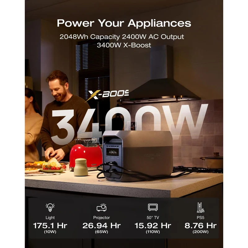 Estación de Energía Portátil EcoFlow DELTA 3 Max, 2048 Wh, 2400 W, Tecnología LiFePO4
