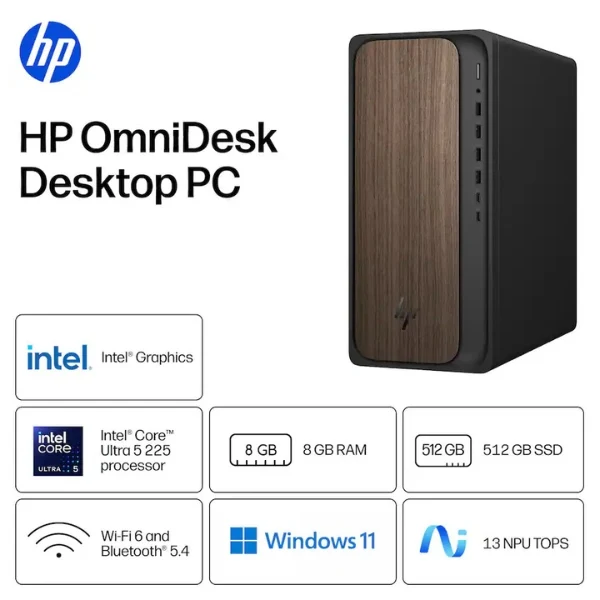 Computador HP OmniDesk Intel Core Ultra 5 225 (4.9 GHz) - 8 GB DDR5 - 512 GB NVMe M.2 - Intel Graphics - 280 W - Win 11 Home - Dark Wood