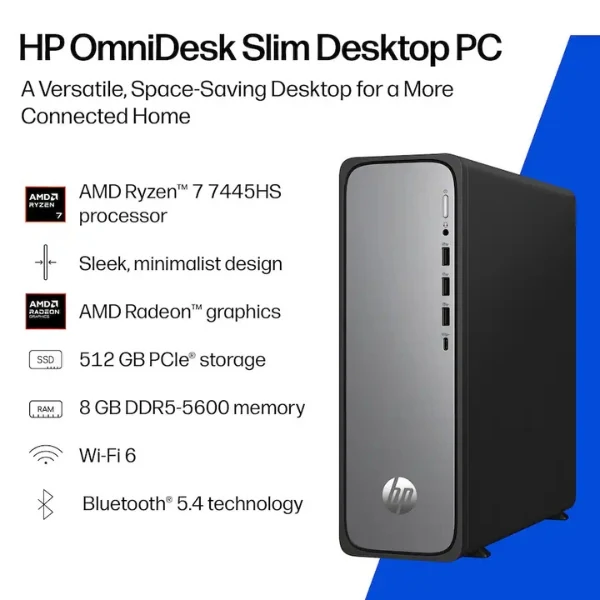 Computador HP OmniDesk Slim AMD Ryzen 7 7445HS (4.7 GHz) - 8 GB DDR5 - 512 GB NVMe M.2 - AMD Radeon - 180 W - Win 11 Home - Meteor Silver