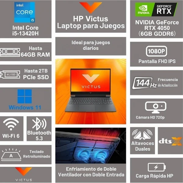 Laptop HP Victus 15-FB3093DX AMD Ryzen 7 7445HS - 16GB DDR5 - 512GB SSD - NVIDIA GeForce RTX 4050 6GB GDDR6 - BM4X8UA#ABA