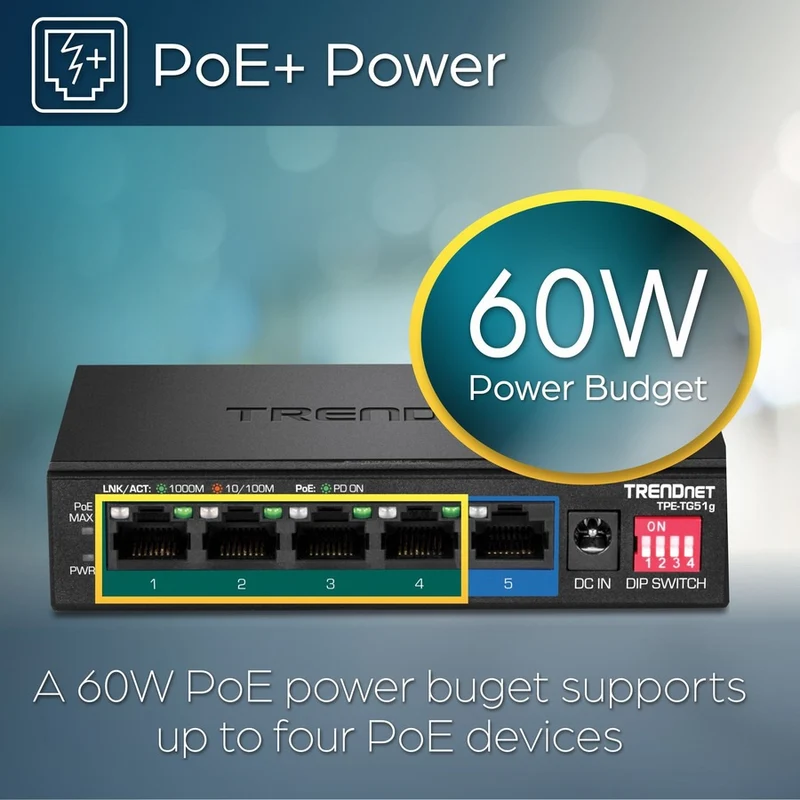 Switch de Red TRENDnet 5-Port Gigabit PoE+ Switch, TPE-TG51G