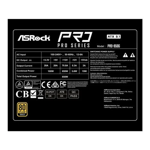 Fuente de Poder ASRock PRO-850G 850 Watt 80 Plus Gold ATX Non-Modular Power Supply Dorado