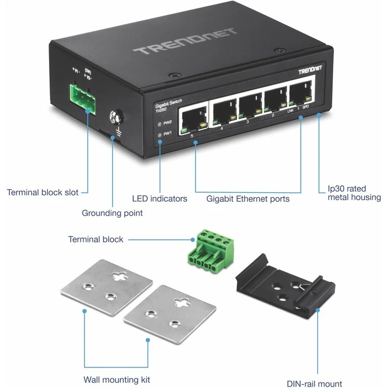 Switch de Red TRENDnet 5-Port Hardened Industrial Gigabit DIN-Rail Switch