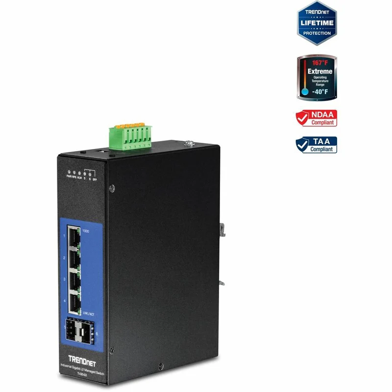 Switch de Red TRENDnet 6-Port Industrial Gigabit L2 Managed DIN-Rail Switch; 4 x Gigabit Ports; 2 x SFP Slots; DIN-Rail Moun