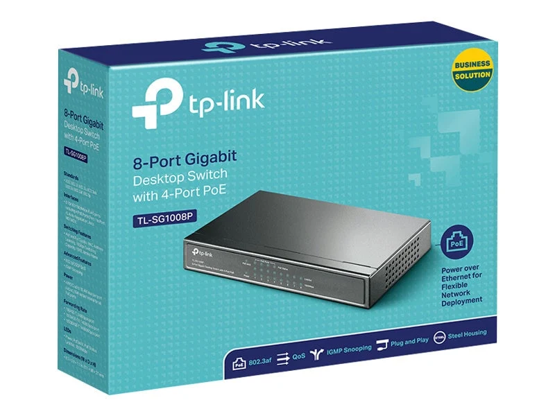 Switch de Red TP-Link 8 Port Gigabit Switch (TL-SG1008P) w/4 PoE+ Ports 64W Plug & Play