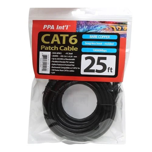 Cables de Red PPA 25 ft. CAT 6 Snagless Ethernet Cable Negro
