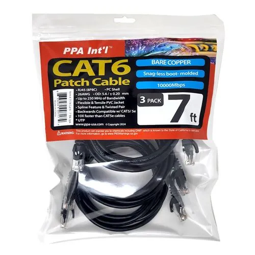 Cables de Red PPA 7 Ft. CAT 6 Snagless Ethernet Cable 3 Pack Negro