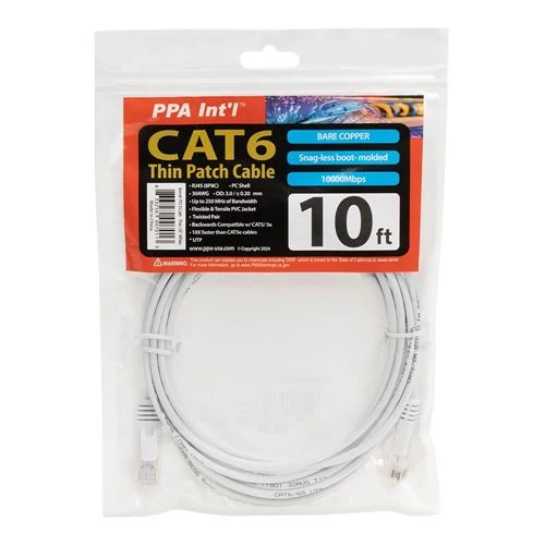 Cables de Red PPA 10 Ft. Cat 6 Thin Ethernet Cable Blanco