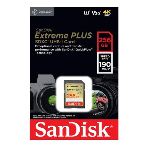 Tarjeta de Memoria Sandisk 256GB Extreme+ SDXC Class 10 UHS-I V30 Flash Memory Card